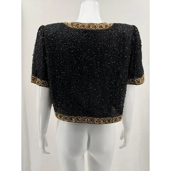 Vintage Laurence Kazar Jacket Womens Large Black Beaded 100% Silk Evening Formal - Picture 5 of 9